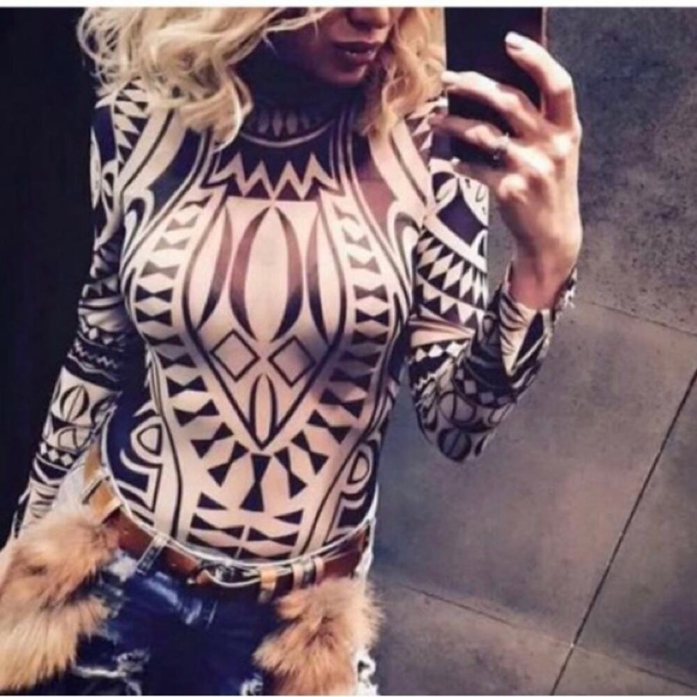 Abstract Cream Black Printed Slim Sheer Bodysuit Small